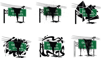 Dripping black paint on highway sign illustration, creative urban street art concept, abstract grunge effect design, modern graphic signage artwork © Mdjoshel 