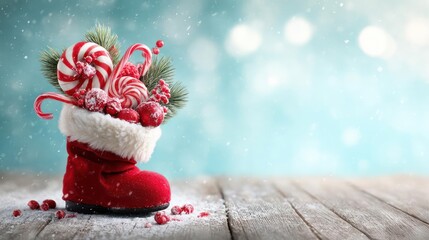 Festive red christmas stocking overflowing with candy canes and lollipops on a snowy wooden surface
