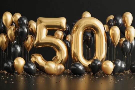 Celebrating a 50th birthday with golden balloons and black decorations for a memorable occasion