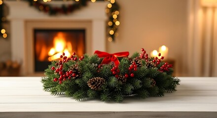 Festive christmas wreath with red bow, vibrant berries, and natural pinecones on a white wooden table, cozy fireplace with glowing fire and soft bokeh lights.