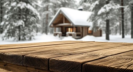 Rustic wooden table surface with a blurred background of a cozy snow-covered cabin and pine forest in winter, ideal for product display.
