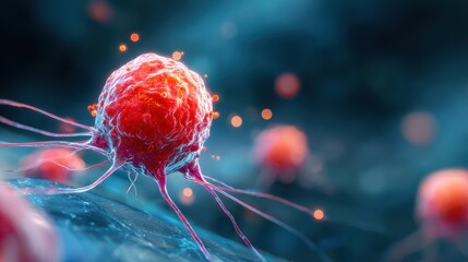 Red cancer cell in a scientific setting under a microscope with surrounding cells visible and glowing particles illuminated