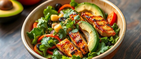 Vibrant bowl of fresh salad with grilled chicken and avocado,  diet,  dinner