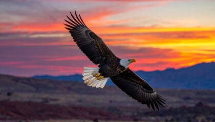 A majestic bald eagle soars through the air with wings spread against a vibrant sunset sky over a mountainous landscape.