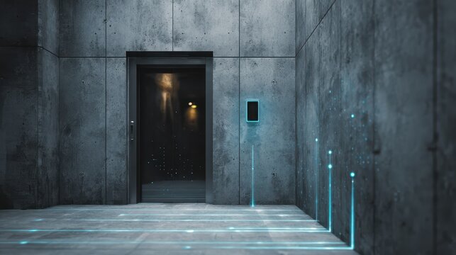 Modern elevator entrance in a minimalist concrete hallway with glowing interface