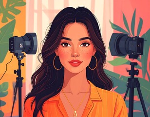 Stylish Photographer in Studio with Professional Cameras and Tropical Backdrop.