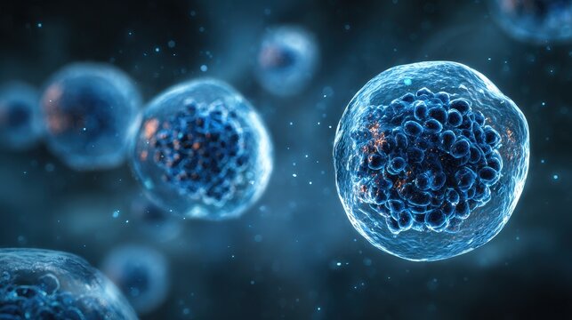 Microscopic view of cells displaying intricate structures and functions in a dark environment during scientific research