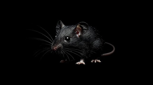 A small, dark gray mouse stands on a black background, its whiskers prominent and its eyes visible in the darkness. The mouse is sharply focused, creating a dramatic and intense portrait.