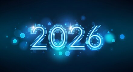 Glowing neon "2026" on a deep blue background with light spots.