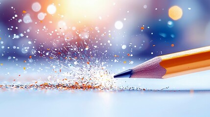 A sharp pencil tip is actively shaving off colorful particles, creating a dynamic explosion of dust and debris against a soft, out-of-focus background with boke