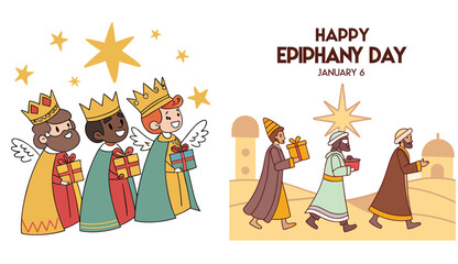 Epiphany Celebration: Illustrated depiction of the three wise men and their journey, symbolising Epiphany Day. 

