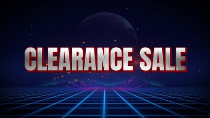 Retro clearance sale advertisement with grid landscape and planet in a vintage 80s style design