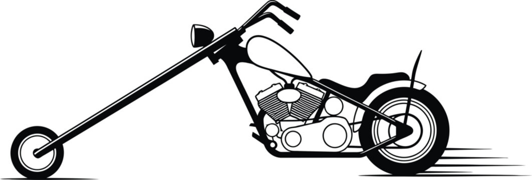 A black and white line drawing of a chopper motorcycle isolated on white background, showcasing its elongated front forks and classic design