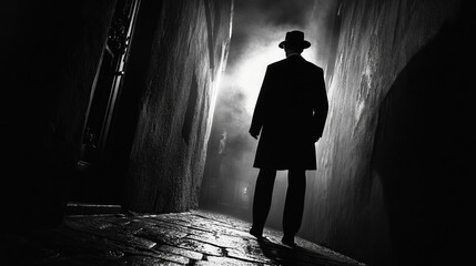 Naklejka premium A silhouetted man in a hat and coat stands in a narrow, dimly lit alleyway, appearing mysterious and contemplative as he walks into the distance.
