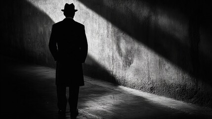Fototapeta premium A silhouetted man in a trench coat walks down a dimly lit tunnel, illuminated by a strong beam of light.