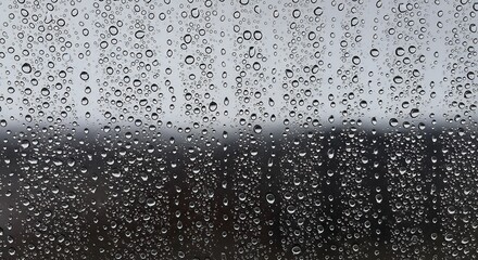 Raindrops on glass obscuring a blurry outdoor scene of dark structures and light gray sky