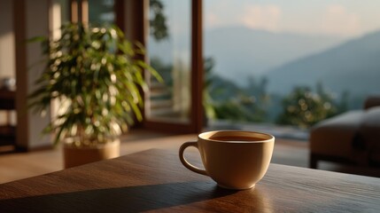 teacup on a wooden table in a quiet room
