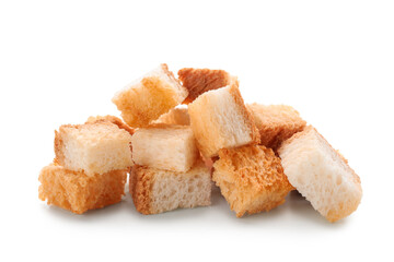 Pile of crunchy croutons isolated on white background