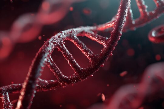 Visual representation of a DNA double helix structure with detailed highlights and vibrant colors emphasizing molecular features
