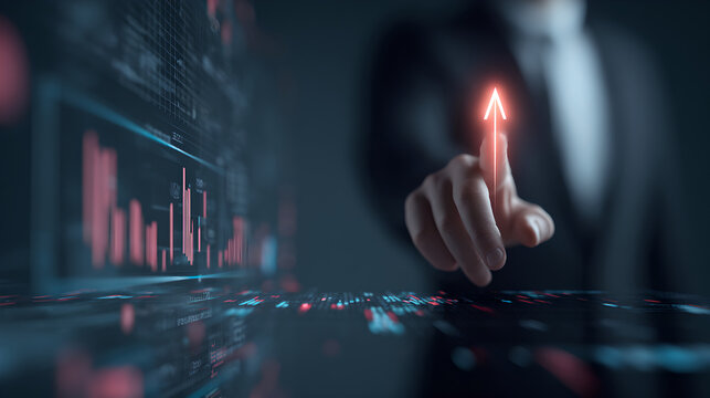 Businessman hand touching glowing upward arrow on digital financial interface