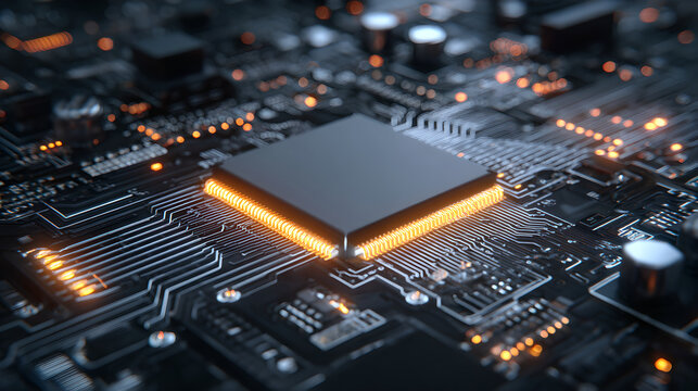 Futuristic artificial intelligence microchip glowing on dark computer motherboard circuit 