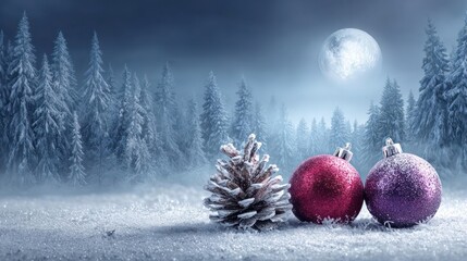 Magical winter wonderland scene with frosted pine cone tree and festive christmas ornaments under a full moon