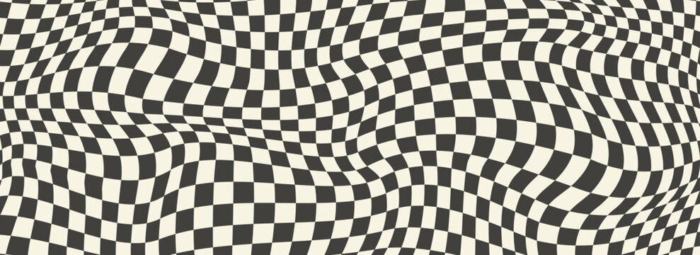 Trippy checkerboard background. Retro psychedelic checkered wallpaper. Wavy groovy chessboard surface. Distorted liquid geometric grid chess pattern. Abstract old race flag backdrop. Vector