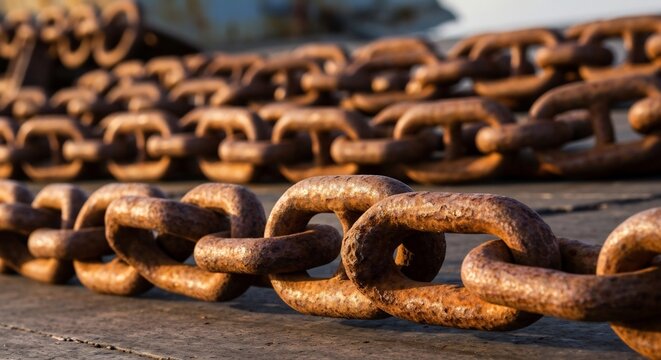 Rows of rusty interconnected metal chains lay on a flat surface