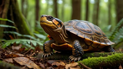 Obraz premium Wood Turtle in Lush Green Forest Environment Stock Photo Image