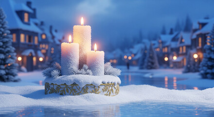 burning candles on the background of a winter landscape