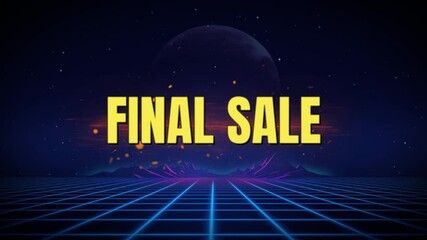 Retro final sale announcement with glowing grid and planet in a vibrant 80s style background - Powered by Adobe