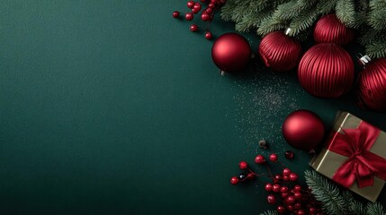 Festive christmas decorations including red baubles pine branches berries and a gift box on a dark green background