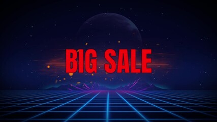 Retro big sale advertisement with glowing grid and planet in a vintage 80s style background - Powered by Adobe