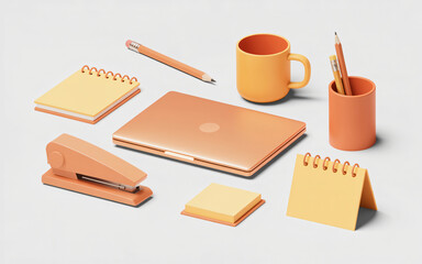 Set of office equipment including laptop, notebook, stapler, pencil, cup for study design