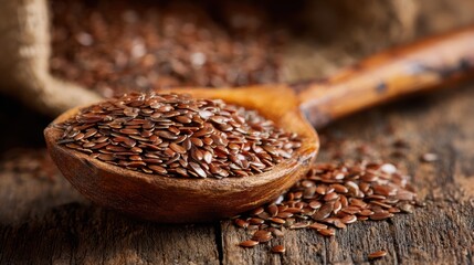 Flax seeds displayed in a wooden spoon on rustic wooden surface in a cozy kitchen setting