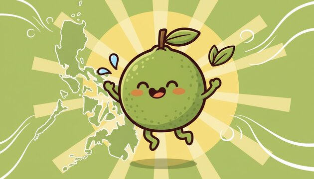 Cheerful Calamansi Cartoon Character with Philippine Map Backdrop.