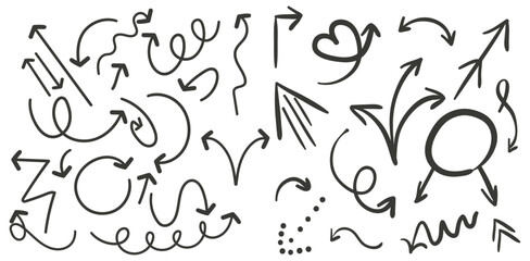 Arrow vector line set. Charcoal hand drawn pencil arrows. Doodle curved chalk darts. brush sketch arrow line curve up, down shape chalk texture element set. Abstract grunge scribble chalk crayon styl