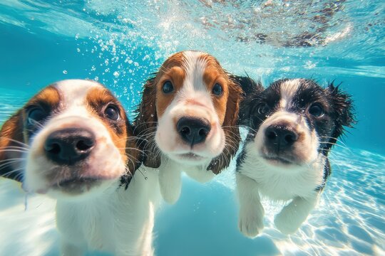 Puppies swimming underwater in a clear pool, enjoying a fun summer afternoon