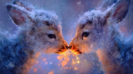 Two adorable fawns with soft fur touching noses in a magical winter forest with glowing lights