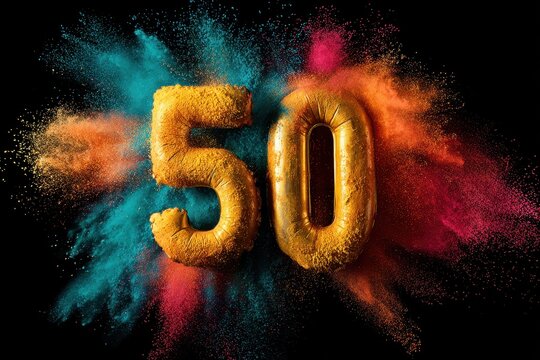 Celebrating a milestone with vibrant colored powder and golden number balloons for a 50th anniversary