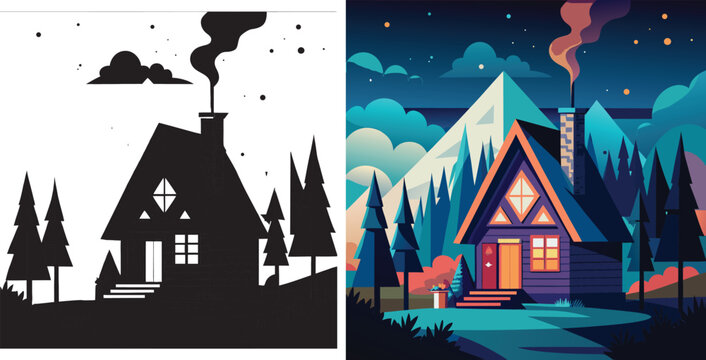 Escape to a cozy cabin retreat in the mountains under a starlit sky, perfect for a peaceful vacation or winter getaway with stunning outdoor scenery