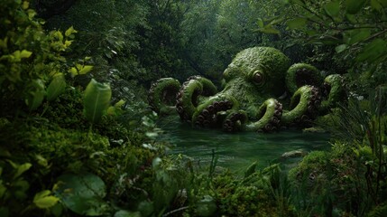Mysterious green octopus emerging from the water in a lush forest landscape at dusk