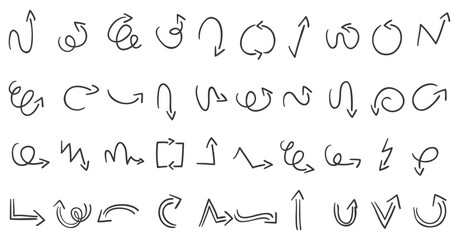 Arrow vector line set. Charcoal hand drawn pencil arrows. Doodle curved chalk darts. brush sketch arrow line curve up, down shape chalk texture element set. Abstract grunge scribble chalk crayon styl