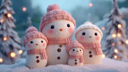 Adorable family of snowmen dressed in pink knitted hats and scarves celebrating a magical winter holiday season