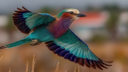 Obraz premium A vibrant bird in flight, showcasing stunning colors and intricate plumage against a blurred background of nature.