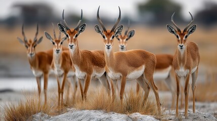 A group of elegant antelopes standing together, showcasing their graceful features in a serene natural setting.