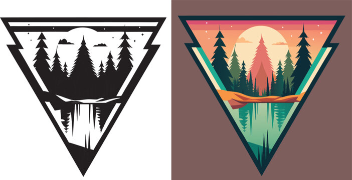 Stunning sunset over tranquil lake with pine forest reflections, capturing serene wilderness adventure and outdoor escape vibes for travel marketing