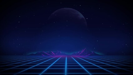 Retro futuristic landscape with grid and moon evokes 1980s nostalgia and synthwave vibes