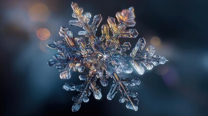 Extreme macro close up of a unique intricate snowflake crystal with colorful bokeh lights in the background