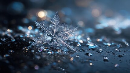 Intricate ice crystal snowflake macro detail with shimmering bokeh lights and water droplets on a dark surface